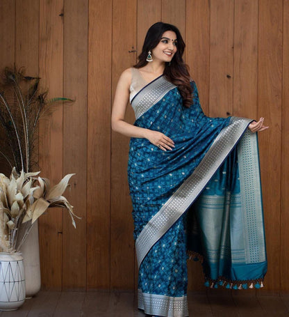 Ocean Blue Banarasi Soft Silk Saree with Silver Zari Weaving