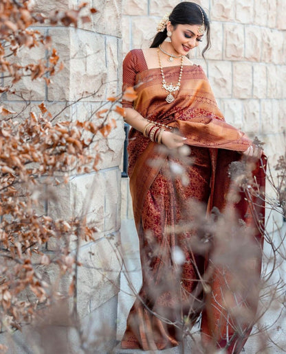 Bronze Copper Banarasi Soft Silk Saree with Intricate Zari Weaving
