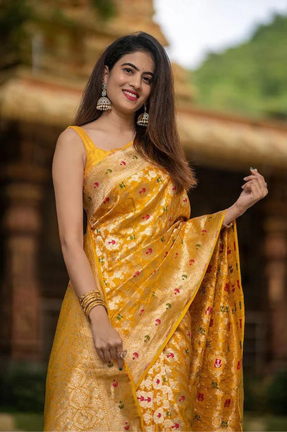 Golden Yellow Banarasi Soft Silk Saree with Floral Zari Weaving