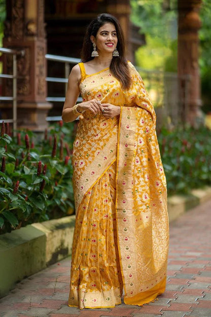 Golden Yellow Banarasi Soft Silk Saree with Floral Zari Weaving