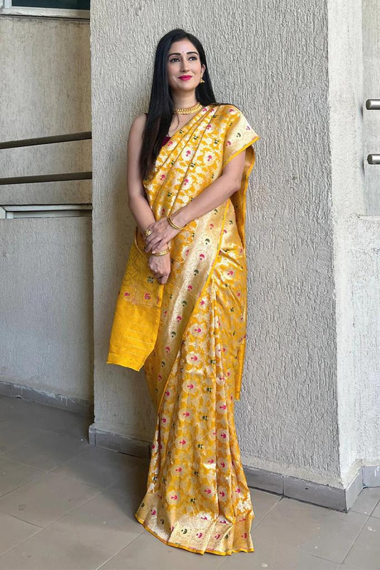 Golden Yellow Banarasi Soft Silk Saree with Floral Zari Weaving