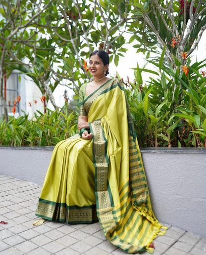 Parrot Green Banarasi Soft Silk Saree with Contrast Zari Border