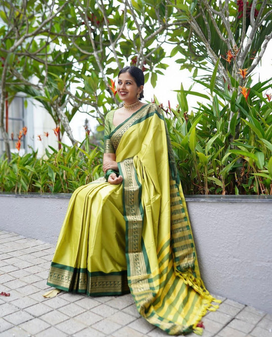Parrot Green Banarasi Soft Silk Saree with Contrast Zari Border