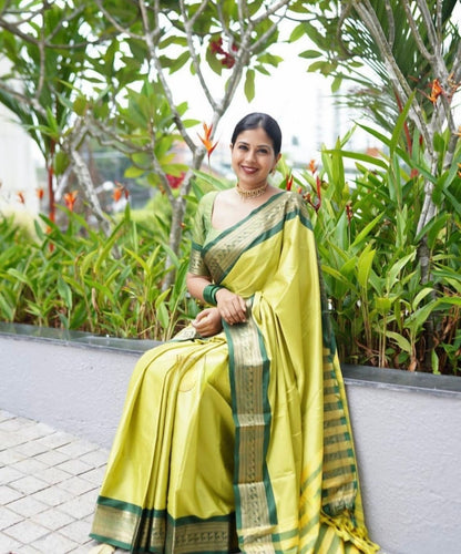 Parrot Green Banarasi Soft Silk Saree with Contrast Zari Border