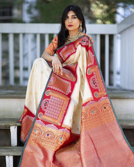 Ivory & Red Banarasi Soft Silk Saree with Temple Zari Weaving