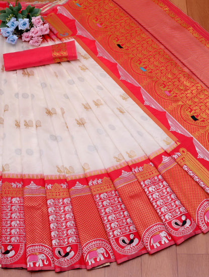 Ivory & Red Banarasi Soft Silk Saree with Temple Zari Weaving