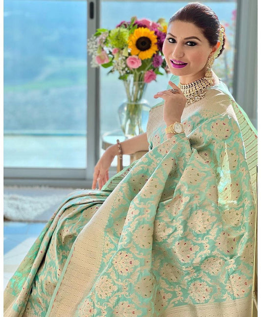 Mint Green Banarasi Soft Silk Saree with Silver Zari Weaving