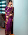 Plum Purple Banarasi Soft Silk Saree with Antique Gold Zari Border