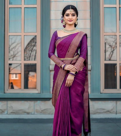 Plum Purple Banarasi Soft Silk Saree with Antique Gold Zari Border