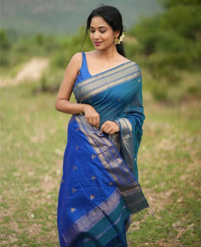 Royal Blue Banarasi Soft Silk Saree with Silver Zari Triangle Weaving