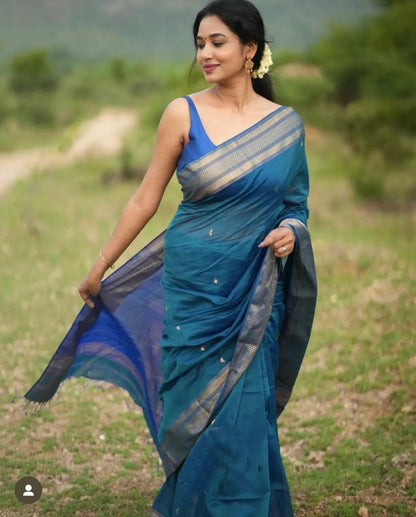 Royal Blue Banarasi Soft Silk Saree with Silver Zari Triangle Weaving