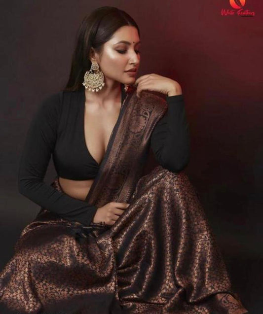 Coffee Brown Banarasi Soft Silk Saree with Copper Zari Weaving