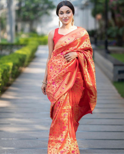 Red-Orange Banarasi Soft Silk Saree with Golden Zari Floral Weaving