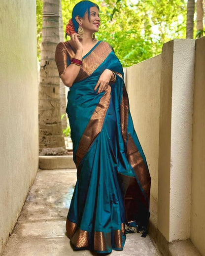Teal Blue Banarasi Soft Silk Saree with Copper Zari Border