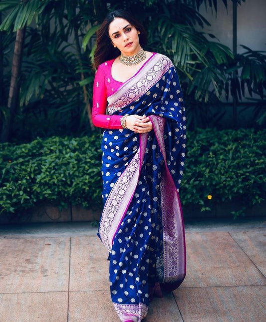 Navy Blue Banarasi Soft Silk Saree with Pink Zari Border