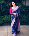 Navy Blue Banarasi Soft Silk Saree with Pink Zari Border