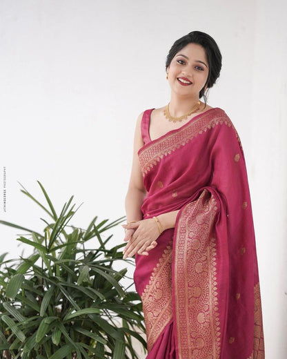 Magenta Pink Banarasi Soft Silk Saree with Gold Zari Border
