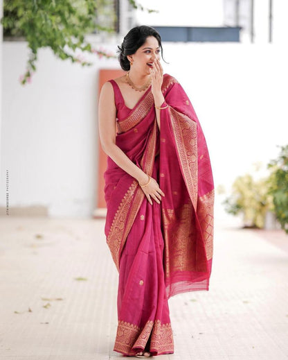 Magenta Pink Banarasi Soft Silk Saree with Gold Zari Border