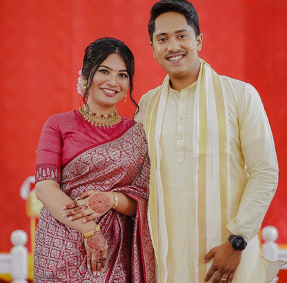 Rose Pink Banarasi Soft Silk Saree with Silver Zari Weaving