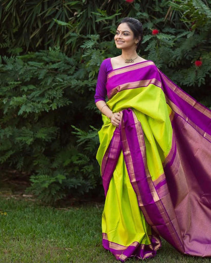Neon Green & Magenta Dual-Tone Banarasi Soft Silk Saree