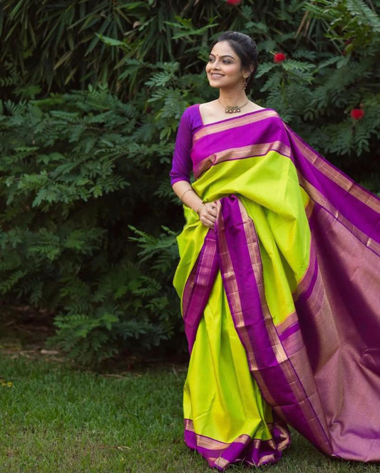 Neon Green & Magenta Dual-Tone Banarasi Soft Silk Saree