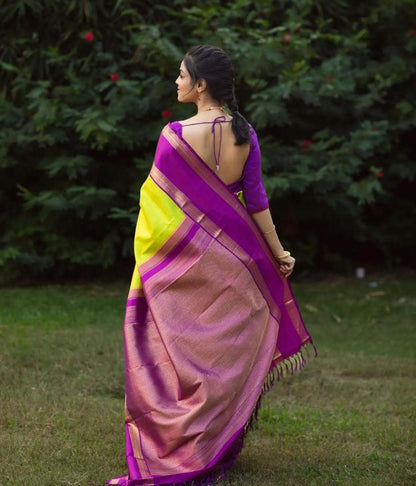 Neon Green & Magenta Dual-Tone Banarasi Soft Silk Saree