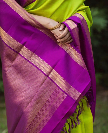 Neon Green & Magenta Dual-Tone Banarasi Soft Silk Saree