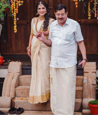 Traditional Kerala Kasavu Banarasi Soft Silk Saree