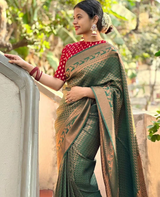 Bottle Green Banarasi Soft Silk Saree with Red Contrast Blouse