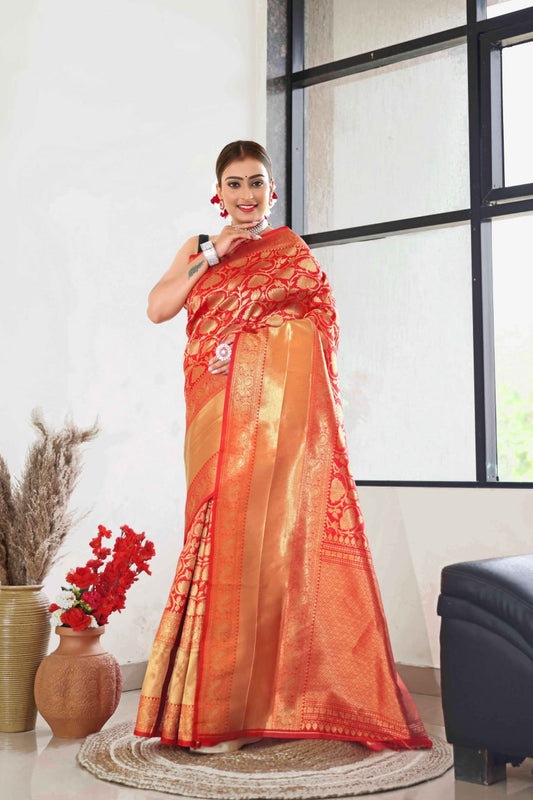 Orange-Red Banarasi Soft Silk Saree with Golden Zari Weaving