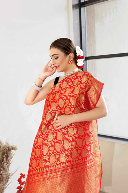 Orange-Red Banarasi Soft Silk Saree with Golden Zari Weaving