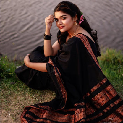 Black Banarasi Soft Silk Saree with Antique Copper Zari Border