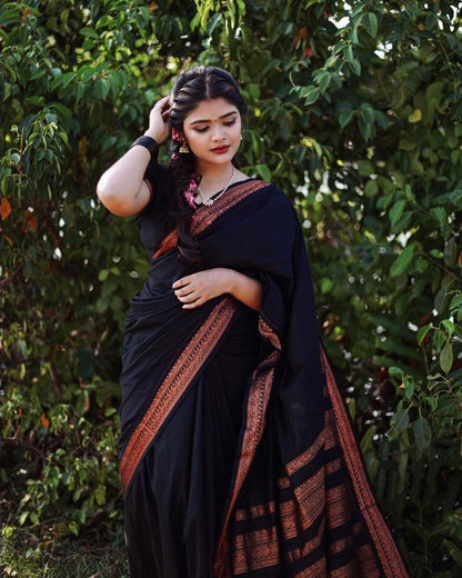 Black Banarasi Soft Silk Saree with Antique Copper Zari Border