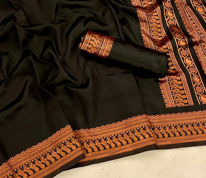 Black Banarasi Soft Silk Saree with Antique Copper Zari Border