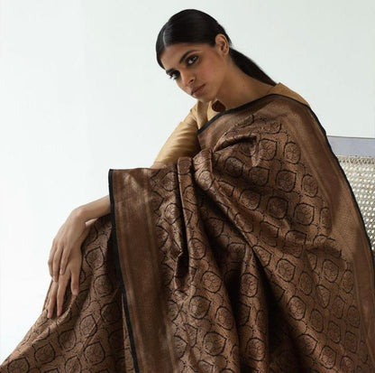 Copper Brown Banarasi Soft Silk Saree with All-Over Zari Weaving