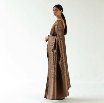 Copper Brown Banarasi Soft Silk Saree with All-Over Zari Weaving