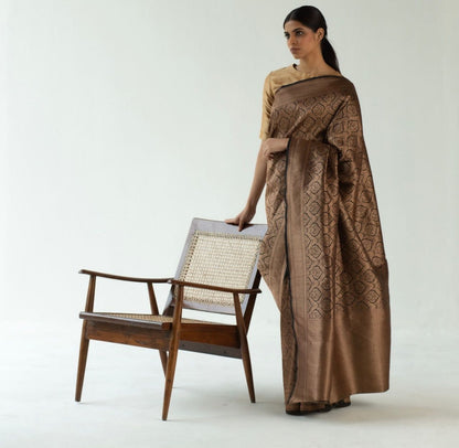 Copper Brown Banarasi Soft Silk Saree with All-Over Zari Weaving