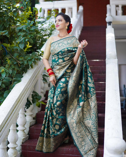 Emerald Green Banarasi Soft Silk Saree with Heavy Zari Weaving