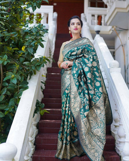 Emerald Green Banarasi Soft Silk Saree with Heavy Zari Weaving