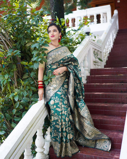 Emerald Green Banarasi Soft Silk Saree with Heavy Zari Weaving