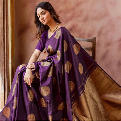 Royal Purple Banarasi Soft Silk Saree with Gold Zari Butta Design