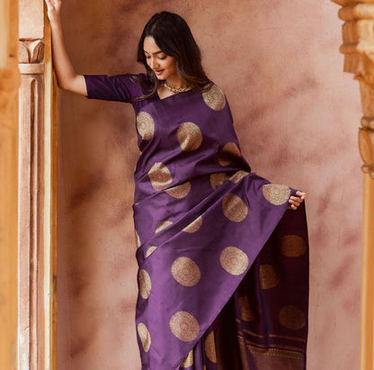 Royal Purple Banarasi Soft Silk Saree with Gold Zari Butta Design