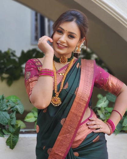 Bottle Green Banarasi Soft Silk Saree with Copper Zari Border and Pallu