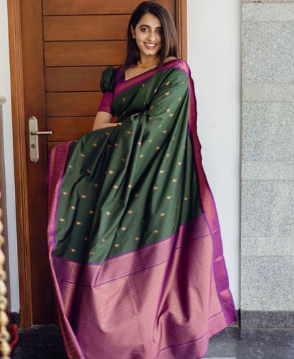 Bottle Green Banarasi Soft Silk Saree with Magenta Zari Border
