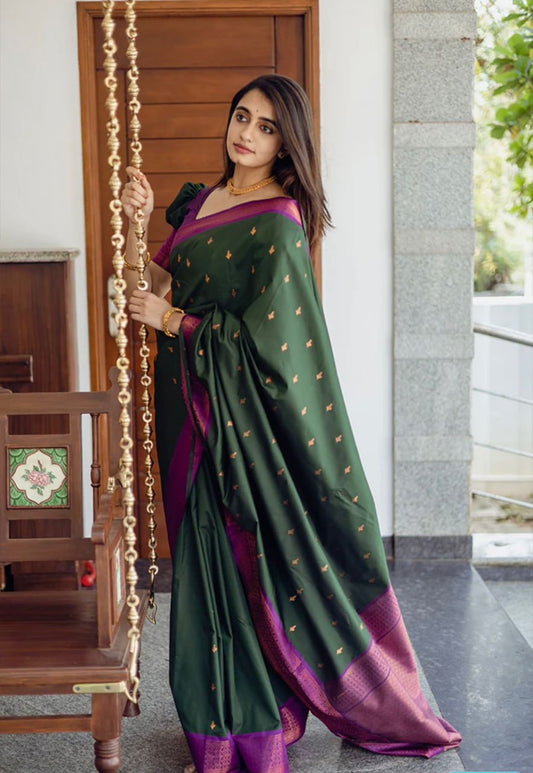 Bottle Green Banarasi Soft Silk Saree with Magenta Zari Border