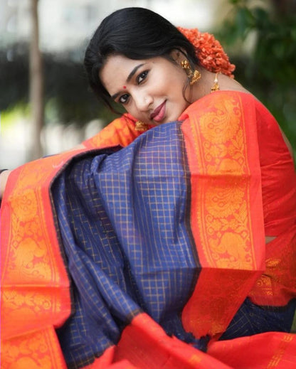 Orange and Navy Blue Banarasi Soft Silk Saree with Zari Geometric Design