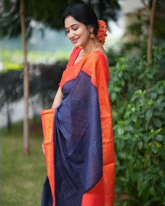 Orange and Navy Blue Banarasi Soft Silk Saree with Zari Geometric Design