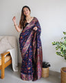 Banarasi Soft Silk Saree Collection with Floral Paisley Zari Design in Navy Blue, Cream & Red