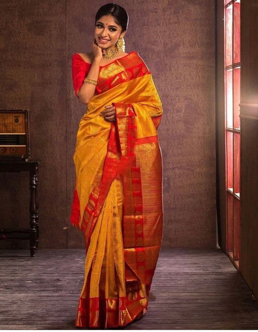 Golden Banarasi Soft Silk Saree with Traditional Zari Border and Red Blouse