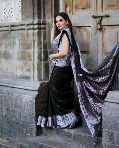 Black and Purple Banarasi Soft Silk Saree with Geometric Design and Zari Border